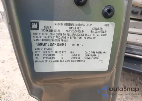 2001 Chevrolet Tahoe Lt from USA, damaged, VIN 1GNEK13T51R152081